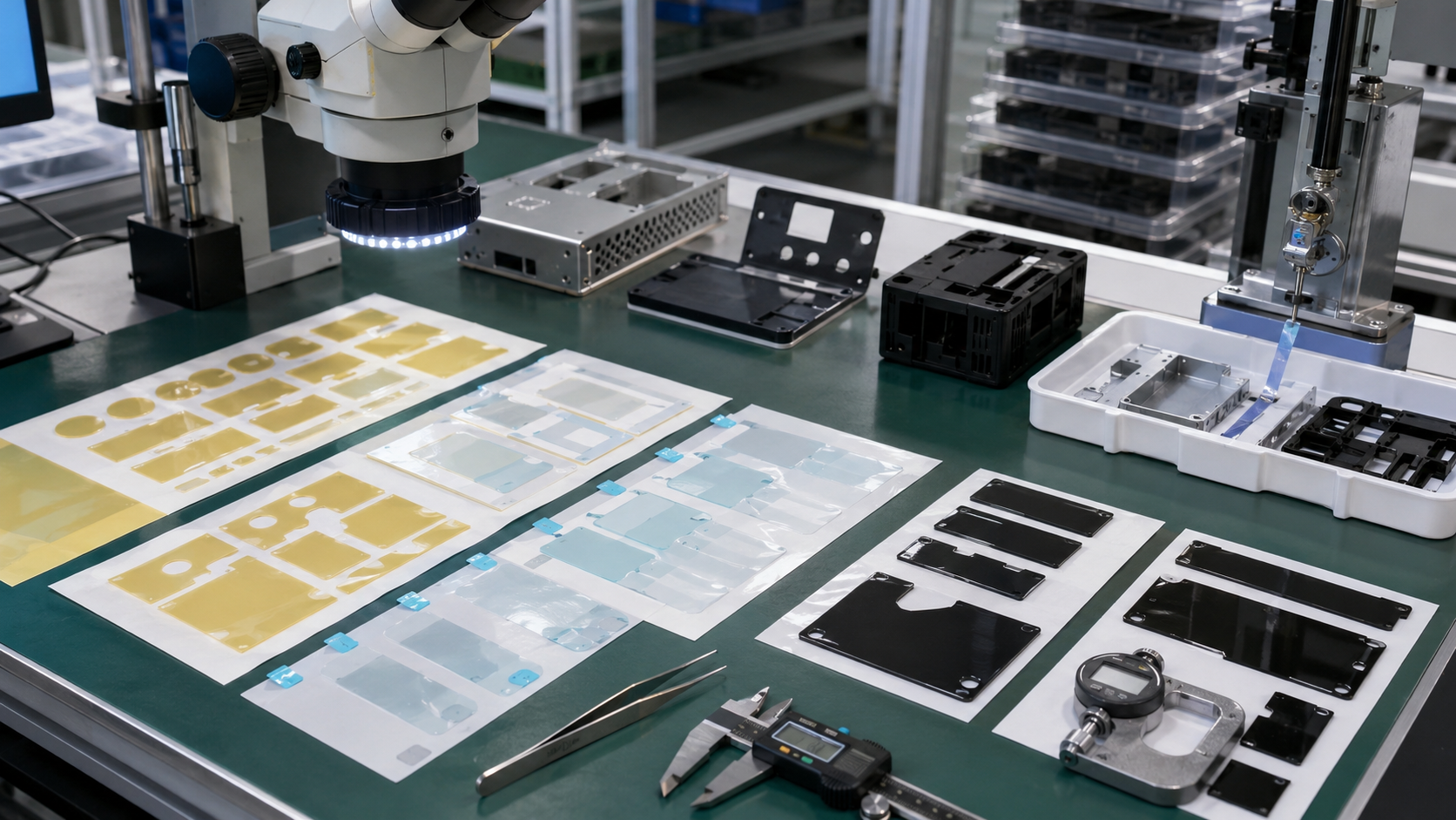 Clean factory inspection scene showing adhesive-backed PET insulation films, kiss-cut PET film parts on release liner, protective films with pull tabs, black PET films, electronic module samples, metal housing parts, plastic control panel samples, peel testing tools, tweezers, calipers, thickness gauges, and organized clean trays