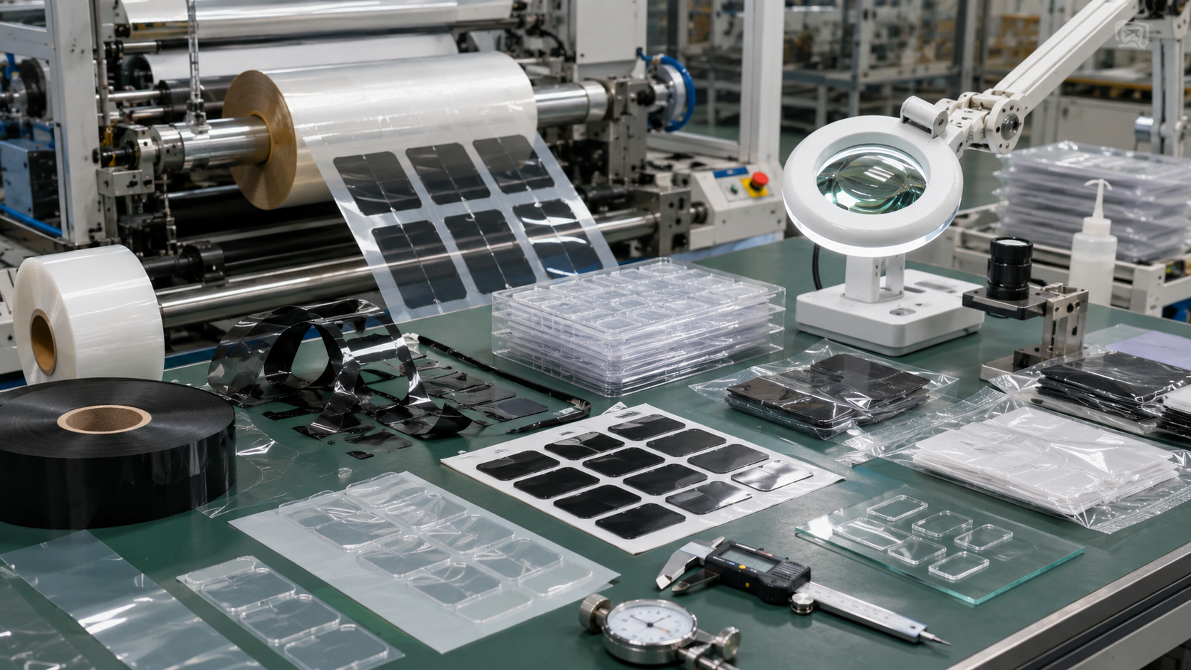 Professional insulation film die cutting and packaging scene showing roll-to-roll PET film converting, adhesive-backed PET films, protective films with pull tabs, black PET film parts, kiss-cut parts on release liner, waste matrix removal, optical inspection tools, clean trays, packaging bags, and organized electronic module production batches