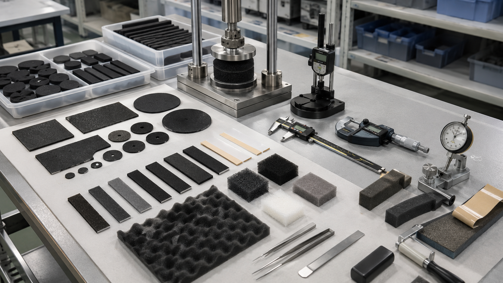 Clean foam cushioning and sound absorption inspection scene showing die cut foam pads, open-cell foam samples, closed-cell foam strips, adhesive-backed foam parts, speaker housing samples, electronic housings, compression testing blocks, peel testing tools, calipers, thickness gauges, and organized OEM trays