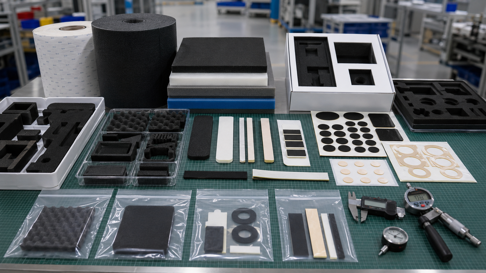 Professional foam die cutting and OEM packaging scene showing foam cushioning pads, acoustic foam pieces, adhesive-backed foam gaskets, foam strips, kiss-cut parts on release liners, sheets, rolls, kits, clean trays, packaging bags, calipers, thickness gauges, and inspection tools