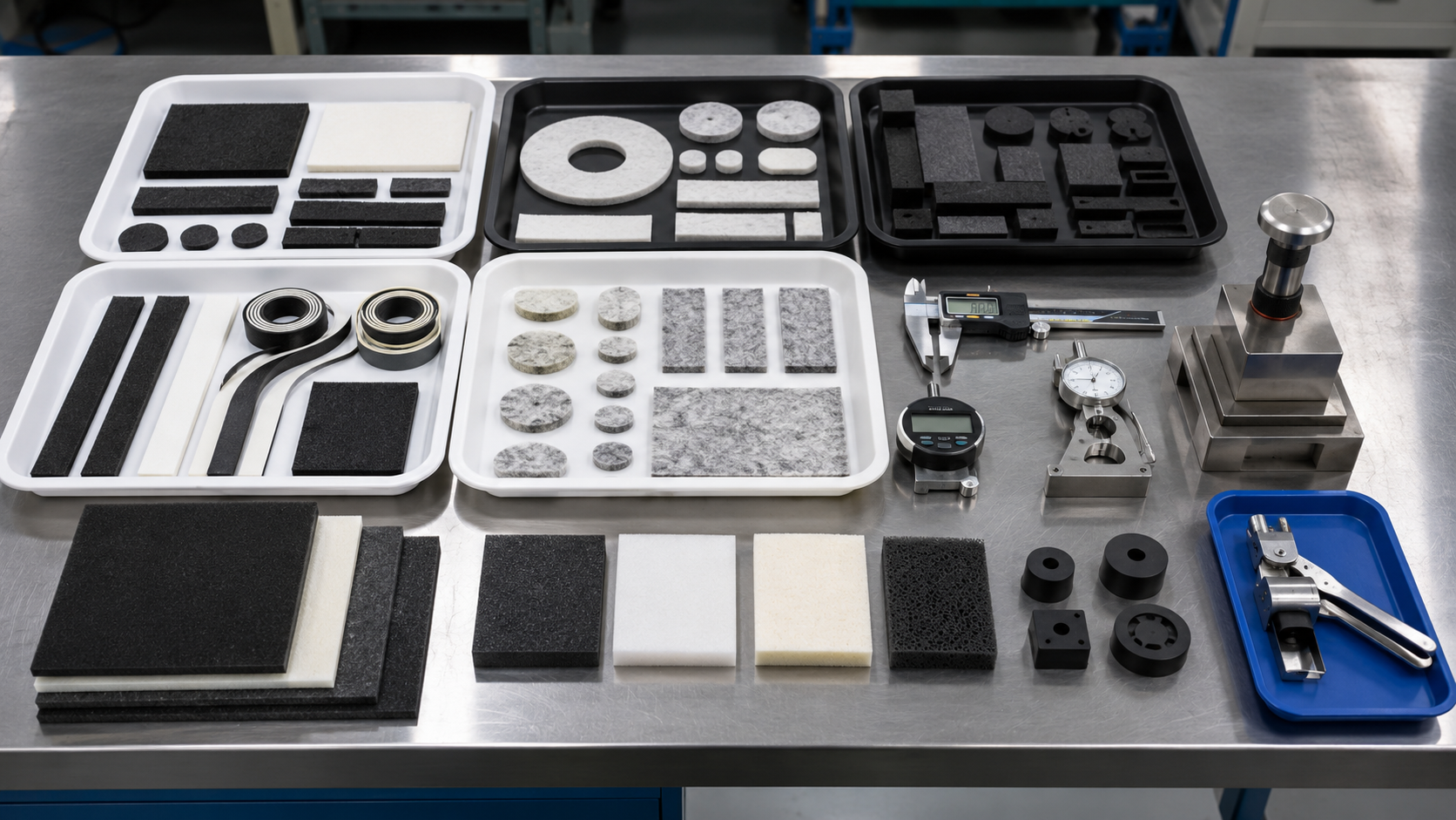 Realistic OEM sound dampening and vibration reduction workbench showing custom die cut foam pads, non-woven felt pads, adhesive-backed foam strips, felt strips, EVA foam, PE foam, PU foam, EPDM foam, automotive trim samples, electronic housings, appliance control panel samples, clean trays, calipers, thickness gauges, compression testing blocks, and peel testing tools