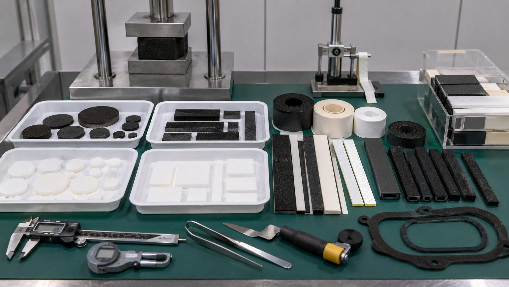 Clean foam and felt inspection scene showing die cut non-woven felt pads, adhesive-backed felt strips, EVA foam pads, PE foam strips, PU foam samples, EPDM foam gaskets, automotive interior trim samples, wire harness sections, electronic housings, compression testing blocks, peel testing tools, calipers, and clean trays