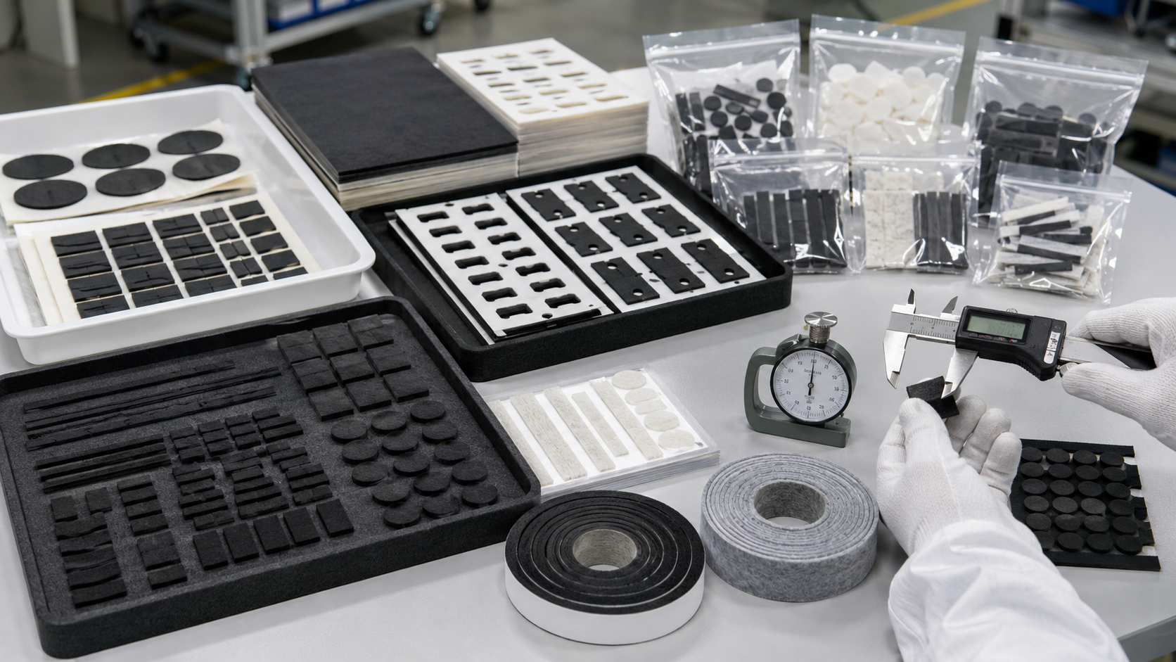 Professional foam and felt die cutting and packaging scene showing adhesive-backed foam pads, non-woven felt pads, felt strips, foam gaskets, kiss-cut parts on release liners, sheets, rolls, kits, clean trays, packaging bags, calipers, thickness gauges, and organized OEM production batches