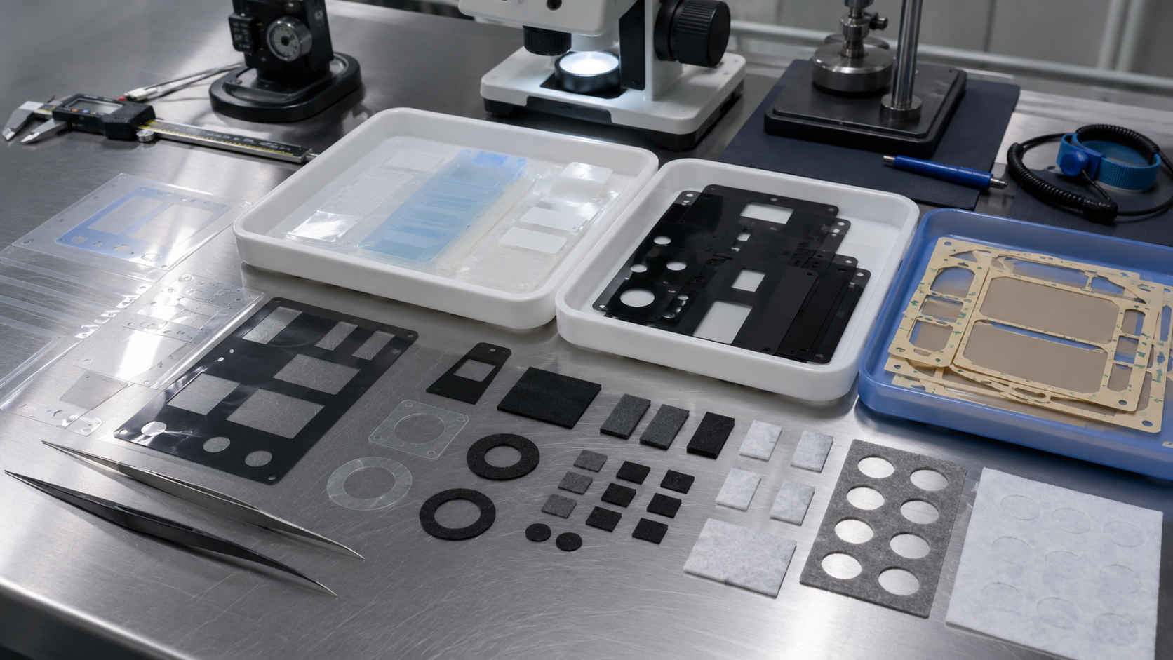 Realistic semiconductor equipment die cut parts overview showing PET insulation films, protective films, black PET films, adhesive tape frames, foam gaskets, rubber pads, non-woven felt pads, electronic module housings, control panel samples, sensor housing parts, clean trays, digital calipers, thickness gauges, and optical inspection tools on a professional factory workbench