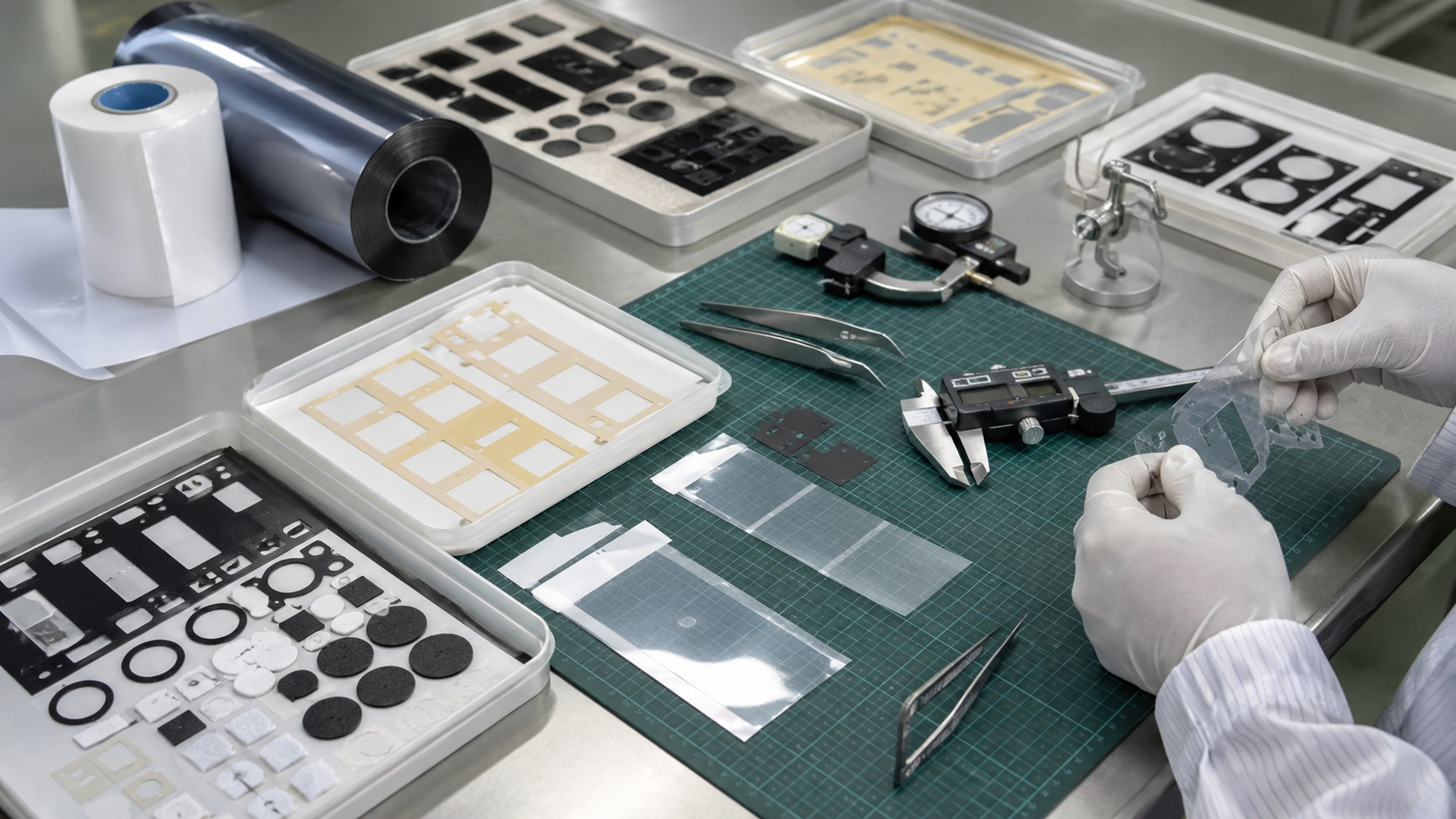 Clean factory inspection scene showing PET insulation films, adhesive tape frames, protective films with pull tabs, foam gaskets, rubber pads, non-woven felt pads, electronic module samples, sensor housing samples, release liners, tweezers, calipers, thickness gauges, and peel testing tools