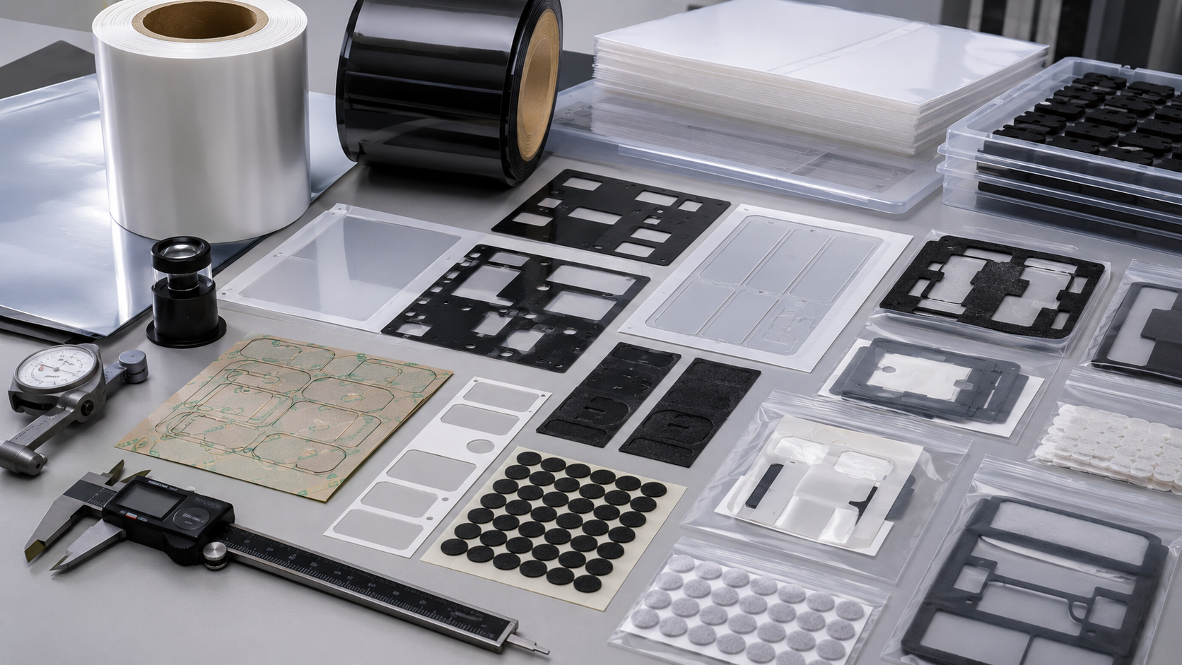 Professional precision die cutting and packaging scene showing PET insulation films, protective films, black PET film parts, adhesive tape frames, foam gaskets, rubber pads, non-woven felt pads, kiss-cut parts on release liners, sheets, rolls, clean trays, packaging bags, digital calipers, and inspection tools