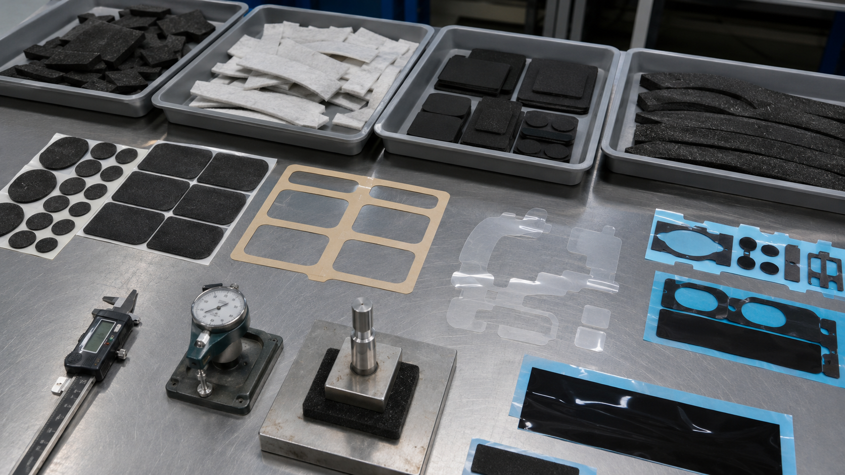 Realistic electric vehicle interior die cut components overview showing foam anti-rattle pads, non-woven felt strips, rubber damping pads, adhesive tape frames, PET insulation films, protective films, black light-blocking films, dashboard trim samples, center console parts, door panel components, wire harness sections, clean trays, calipers, thickness gauges, and compression testing blocks on a professional factory workbench