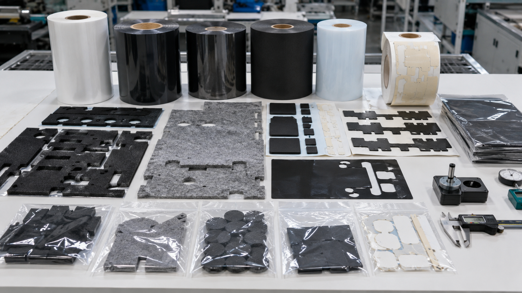 Professional EV interior die cut components packaging scene showing foam anti-rattle pads, non-woven felt NVH parts, rubber damping pads, adhesive tape frames, PET insulation films, protective films, black PET films, kiss-cut parts on release liners, sheets, rolls, kits, clean trays, packaging bags, calipers, thickness gauges, and inspection tools
