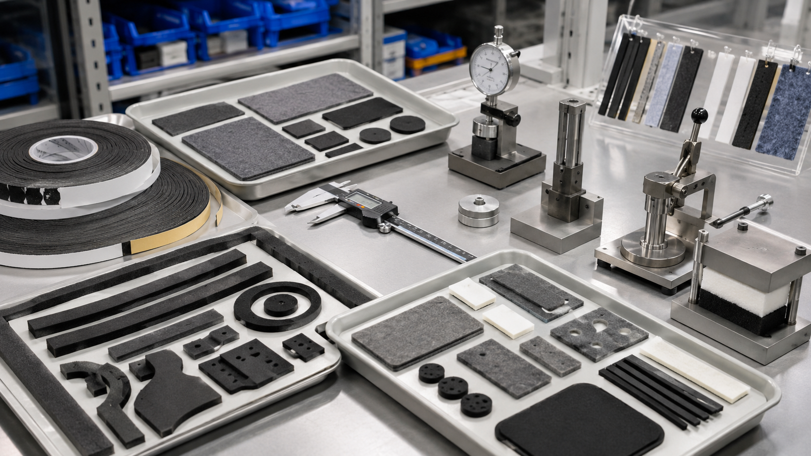 Clean EV interior sealing and NVH inspection scene showing die cut foam gaskets, adhesive-backed foam strips, non-woven felt pads, rubber damping pads, dashboard trim samples, HVAC duct sections, door panel parts, wire harness samples, peel testing tools, compression testing blocks, calipers, thickness gauges, and clean trays