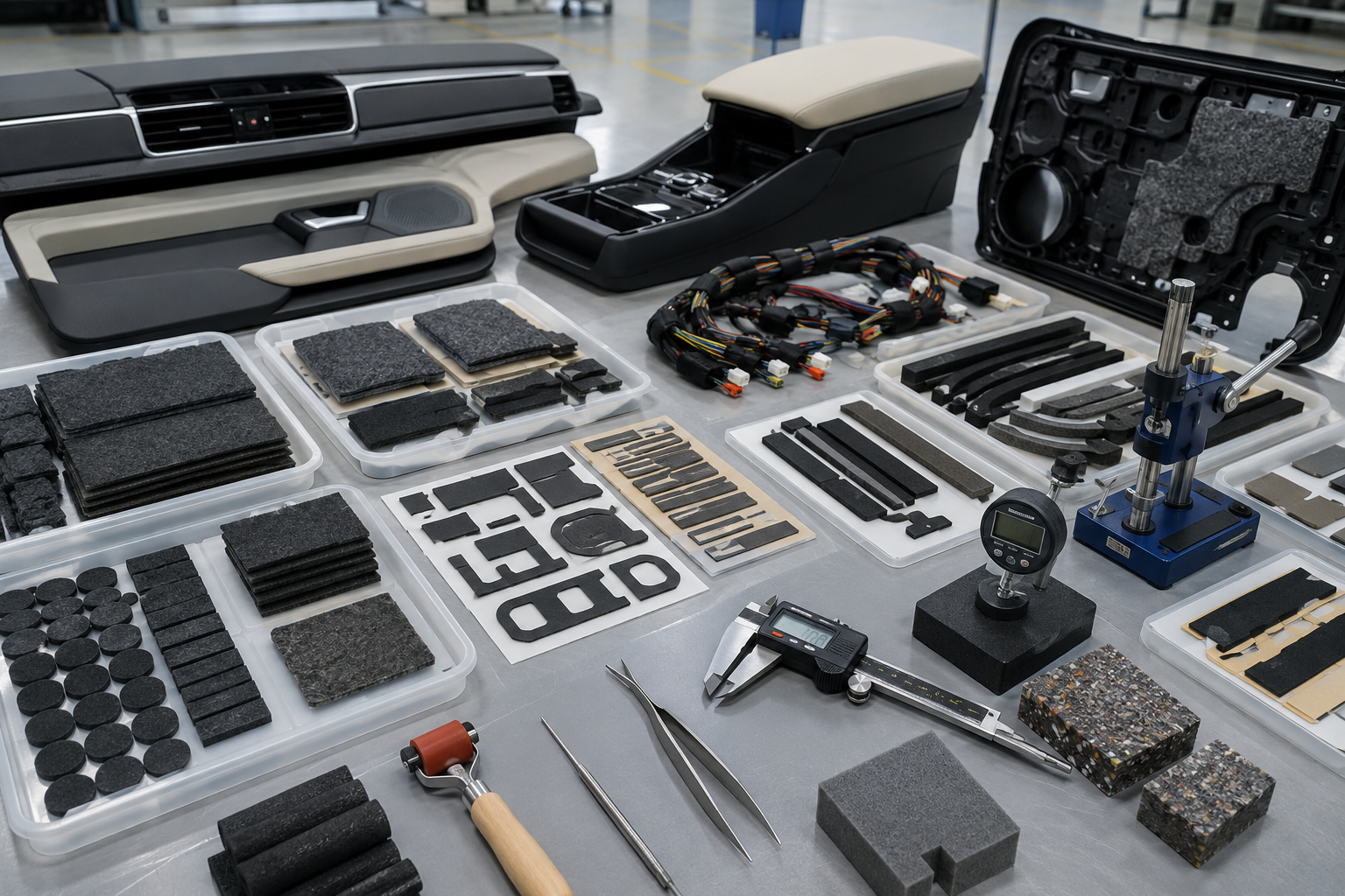 Clean EV interior NVH material inspection scene showing die cut non-woven felt pads, foam strips, rubber damping pads, adhesive-backed cushioning parts, dashboard trim samples, door panel parts, center console components, wire harness samples, peel testing tools, compression blocks, calipers, thickness gauges, and clean trays