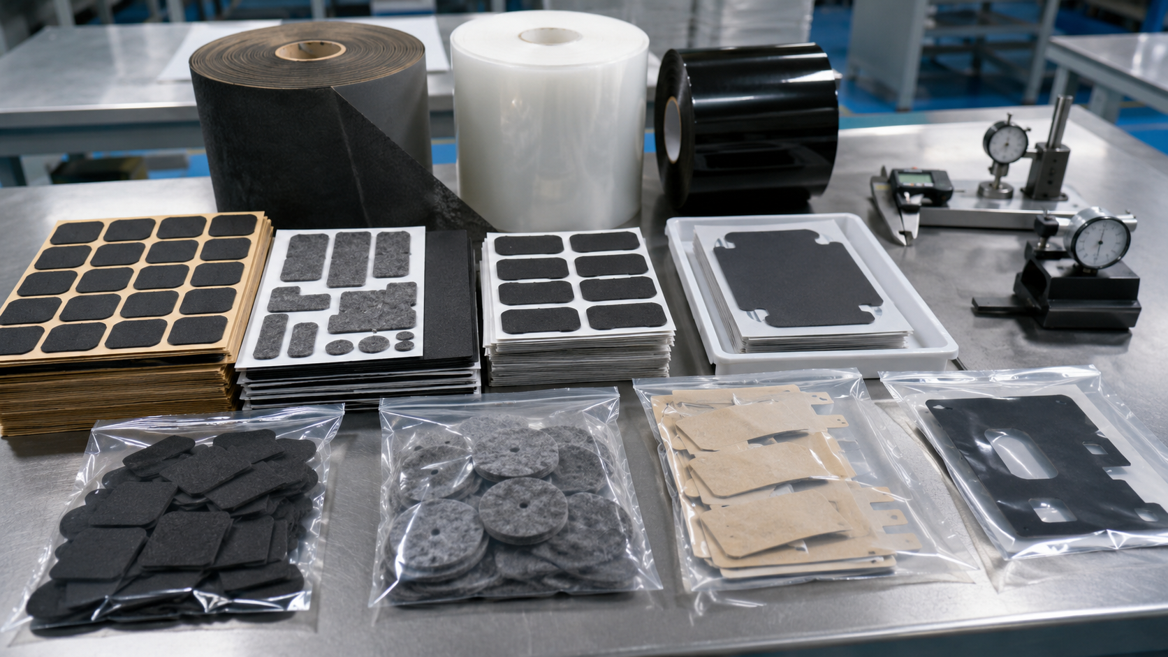 Professional EV interior NVH die cut parts packaging scene showing foam anti-rattle pads, non-woven felt pads, rubber damping pads, adhesive-backed cushioning parts, PET insulation films, protective films, kiss-cut parts on release liners, sheets, rolls, kits, clean trays, packaging bags, calipers, thickness gauges, and inspection tools