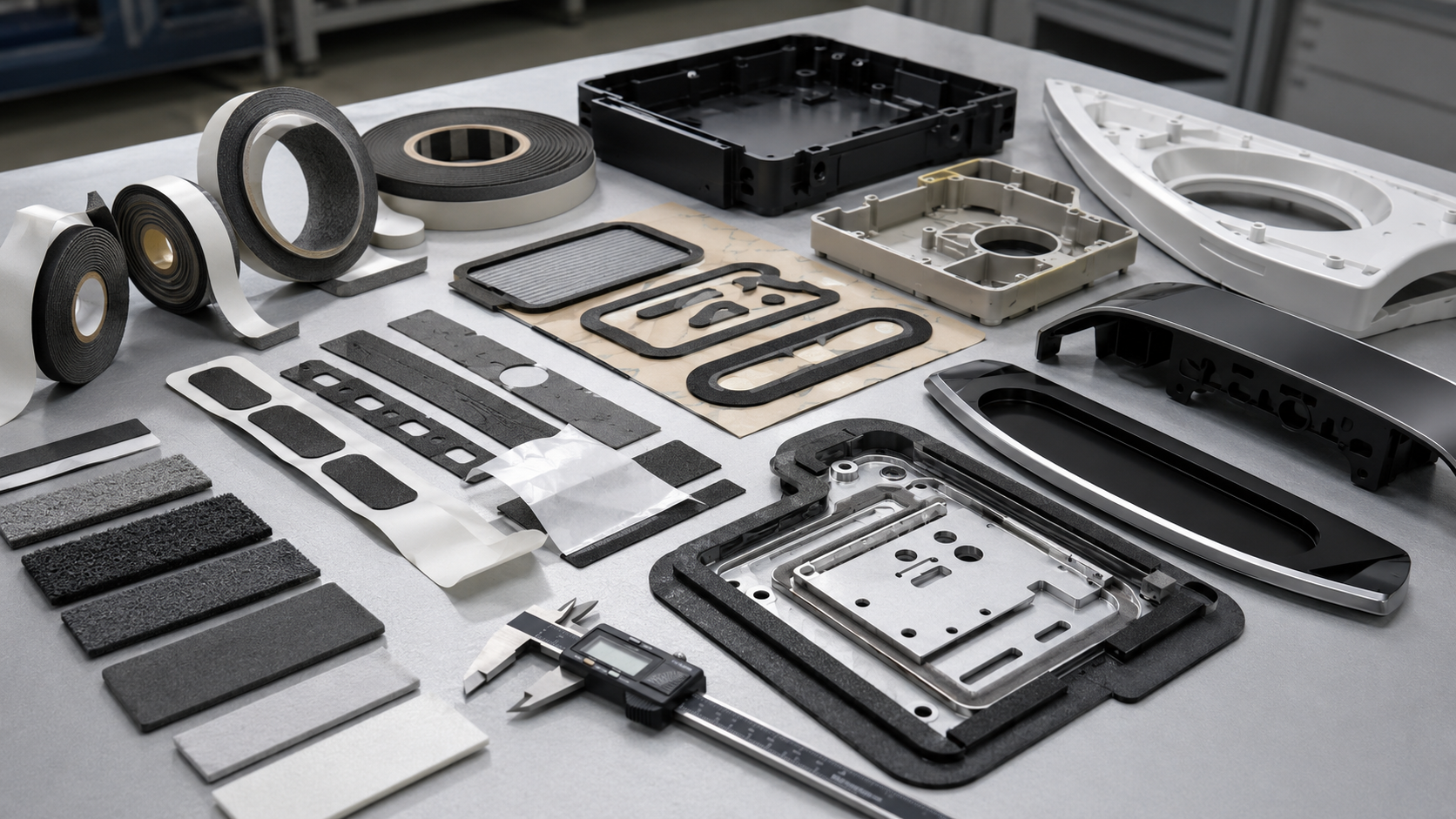OEM engineer comparing foam tape and foam gasket samples during product development
