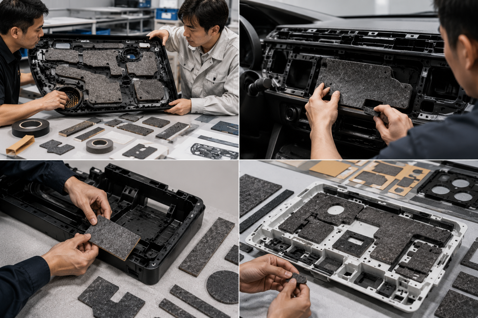 OEM engineer evaluating adhesive-backed non-woven felt pads for automotive interior assembly
