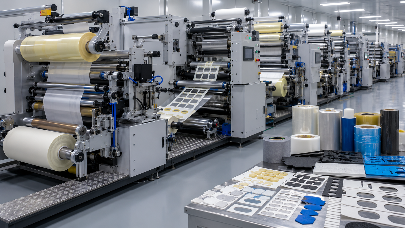 Roll-to-roll die cutting machine processing adhesive tapes, foam materials, and protective films in an OEM factory