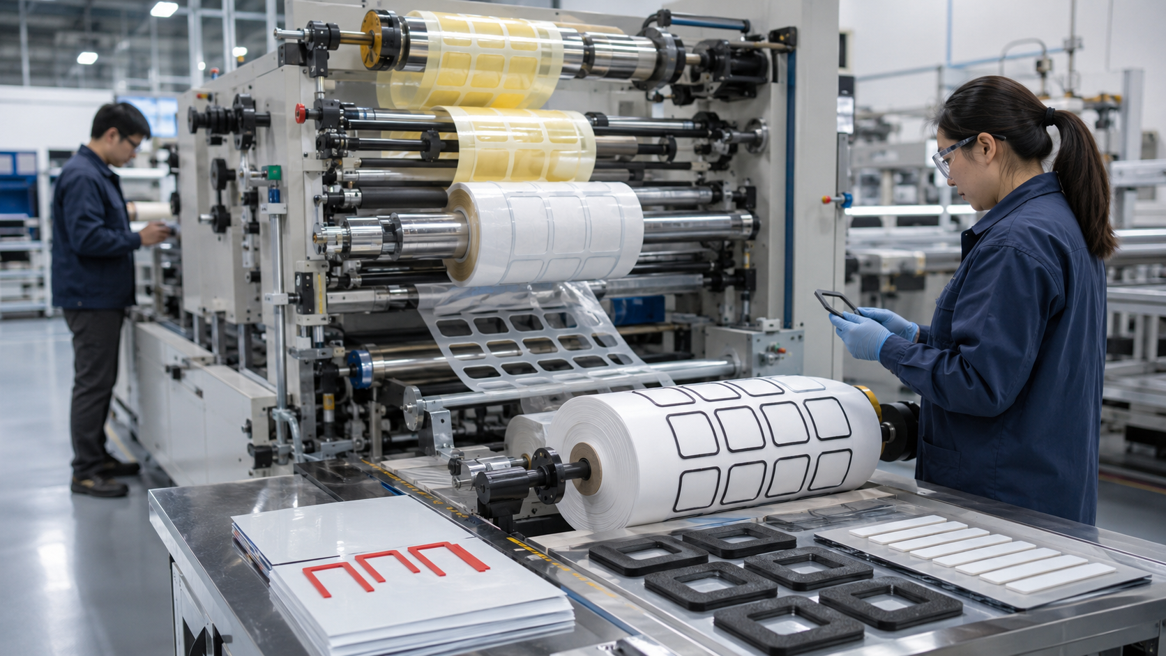 Roll-to-roll converting line producing kiss-cut adhesive tape frames and protective film components