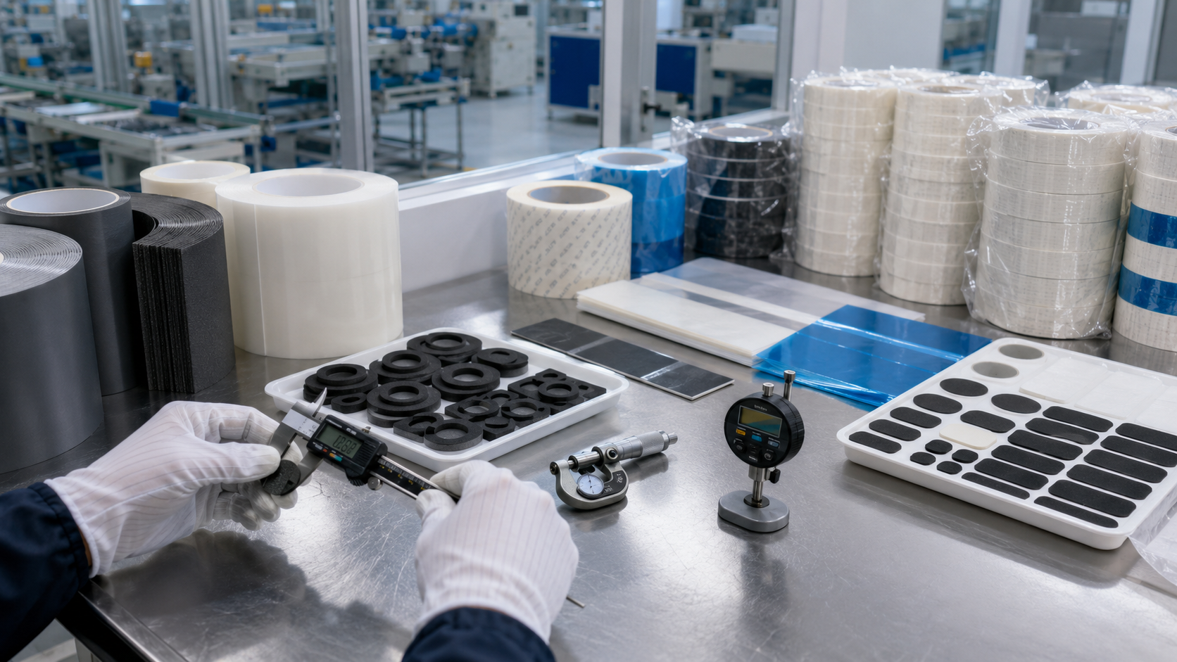 Quality inspection of roll-to-roll die cut adhesive tape, foam, and protective film components