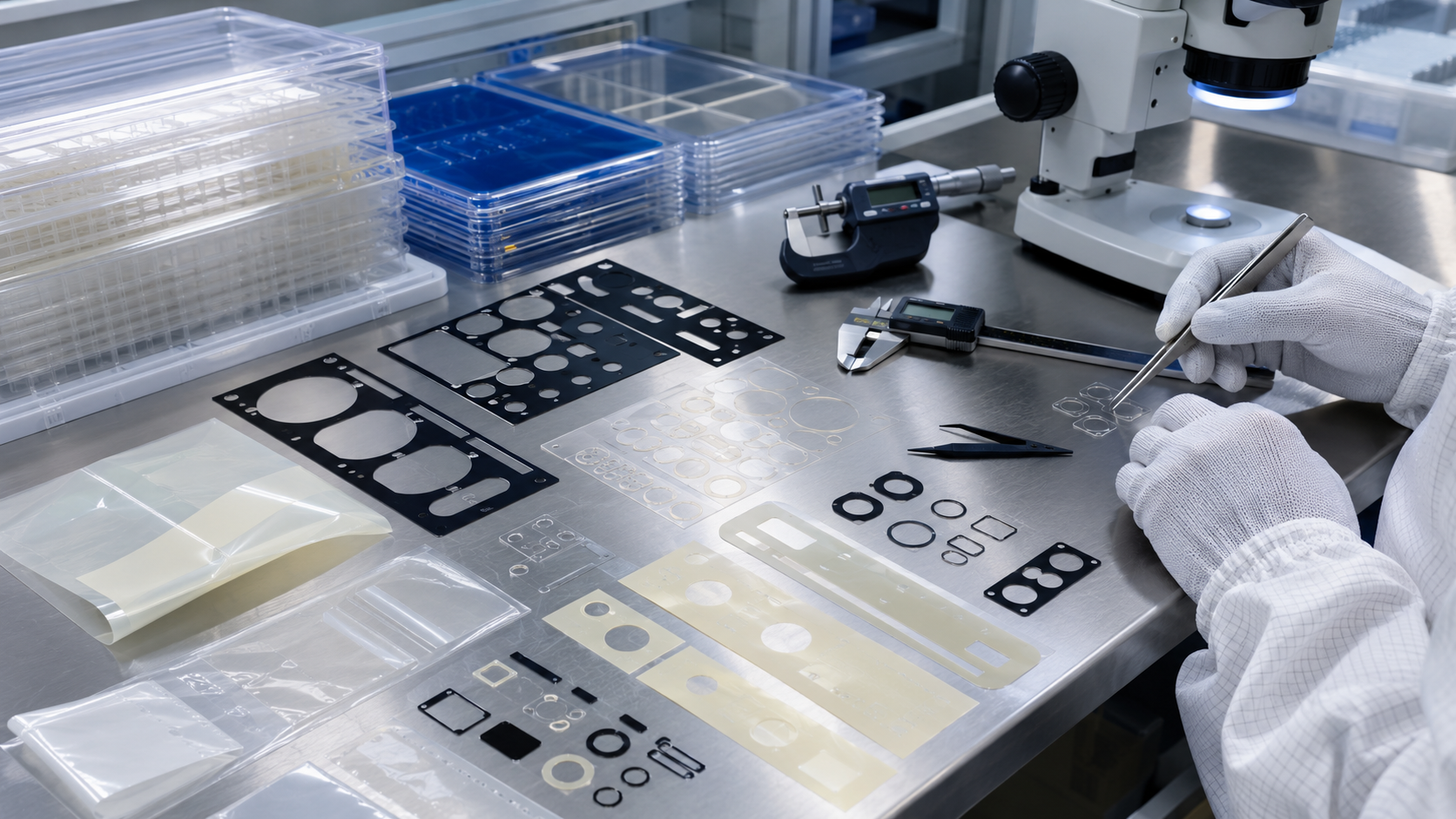 Realistic semiconductor and electronics equipment protective film selection workbench showing die cut PET protective films, adhesive-backed protective films, pull-tab films, black PET films, PET insulation films, electronic module housings, control panel samples, metal fixture samples, release liners, clean trays, tweezers, digital calipers, thickness gauges, and optical inspection tools