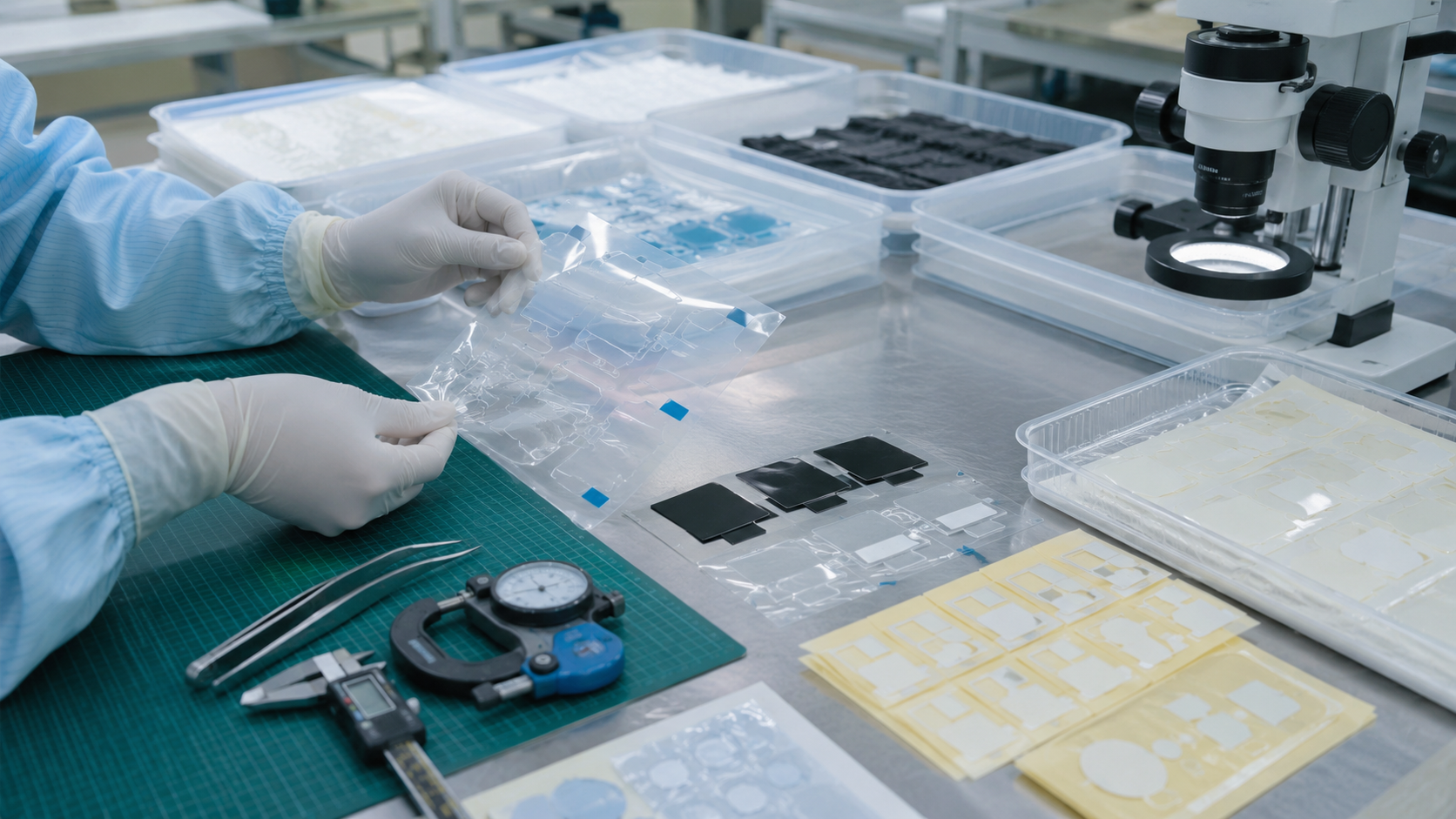 Clean factory inspection scene showing die cut protective films with pull tabs, PET protective films, adhesive-backed PET films, black PET films, control panel samples, electronic module housings, metal fixture parts, release liners, peel testing tools, tweezers, calipers, thickness gauges, and clean trays