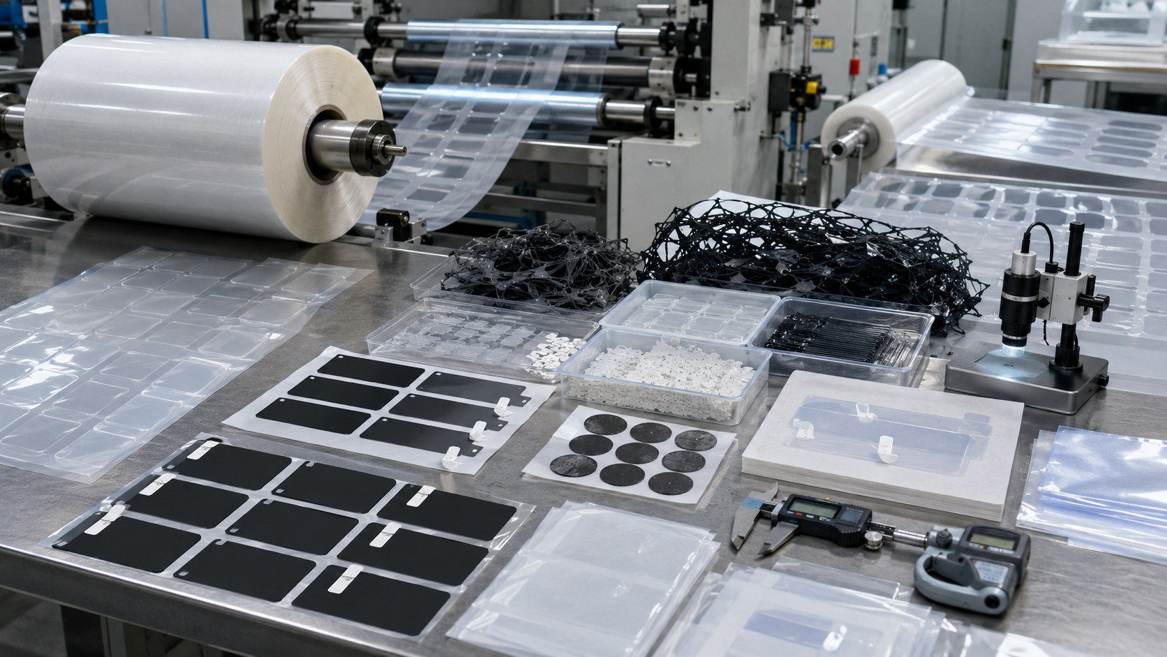 Professional protective film die cutting and packaging scene showing roll-to-roll PET protective film converting, pull-tab films, adhesive-backed protective films, black PET films, kiss-cut parts on release liners, waste matrix removal, optical inspection tools, clean trays, packaging bags, calipers, and thickness gauges