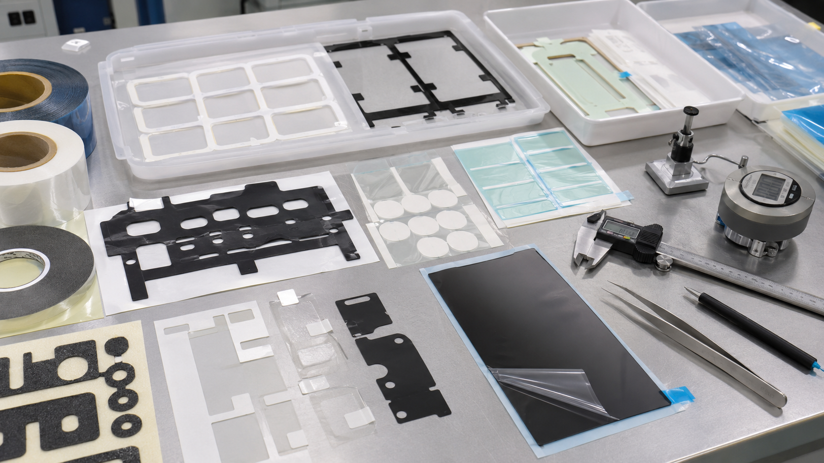 Realistic semiconductor and electronics equipment adhesive tape components workbench showing double-sided tape frames, PET-backed adhesive parts, transfer adhesive films, foam tape gaskets, adhesive-backed PET insulation films, protective films with pull tabs, control panel samples, electronic module housings, metal fixture parts, release liners, calipers, thickness gauges, peel testing tools, and clean trays