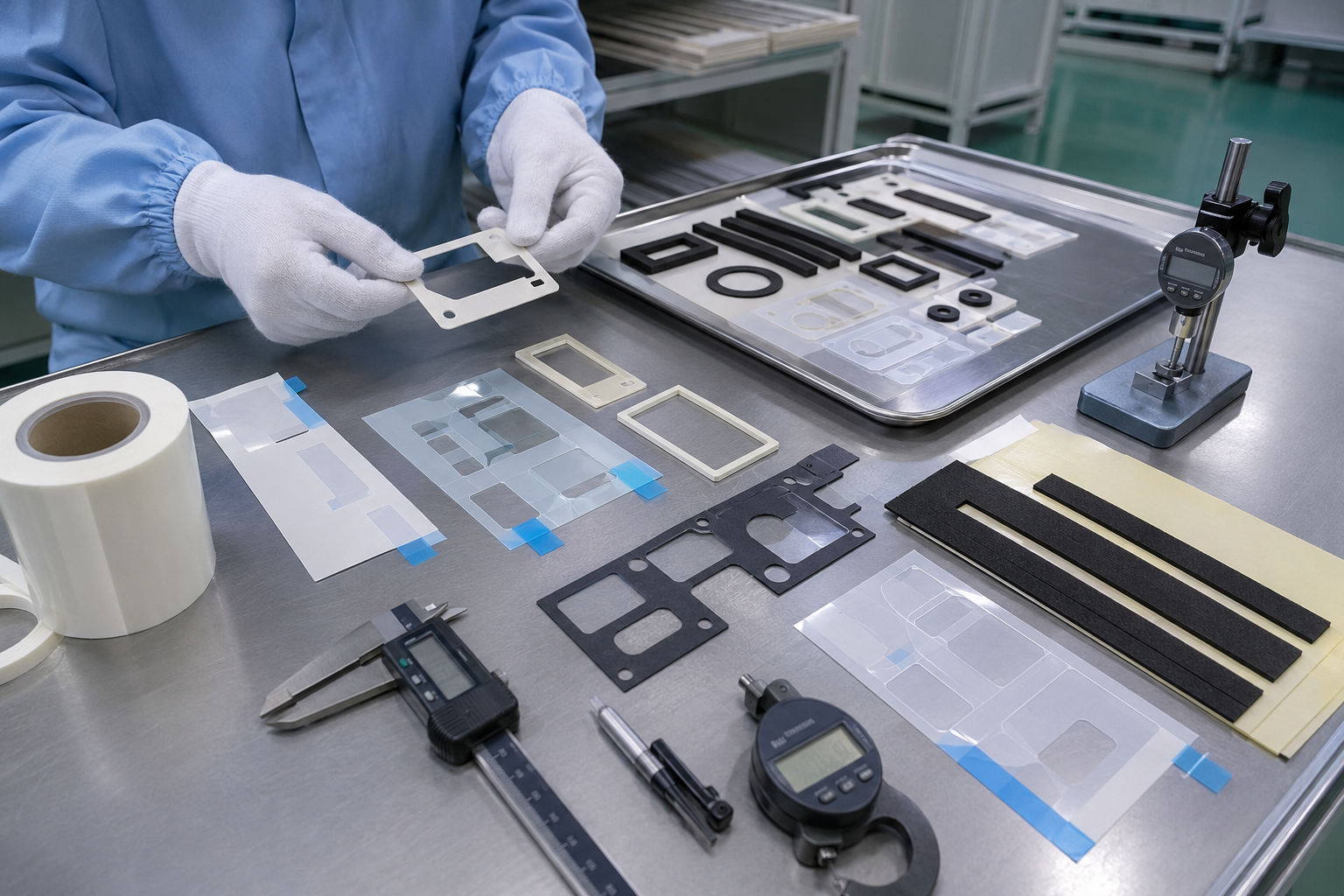 Clean factory inspection scene showing die cut adhesive tape frames, PET-backed adhesive parts, transfer adhesive films, foam tape gaskets, adhesive-backed foam strips, protective films with pull tabs, electronic module samples, control panel parts, metal housings, peel testing tools, tweezers, calipers, thickness gauges, and clean trays