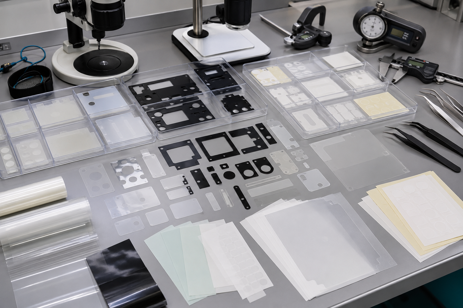 Realistic PET insulation film selection workbench showing die cut PET insulation films, adhesive-backed PET film parts, protective films, black PET films, release liners, connector housing samples, metal busbar-shaped test samples, electronic module housing samples, clean trays, tweezers, digital calipers, thickness gauges, and optical inspection tools in a clean factory environment