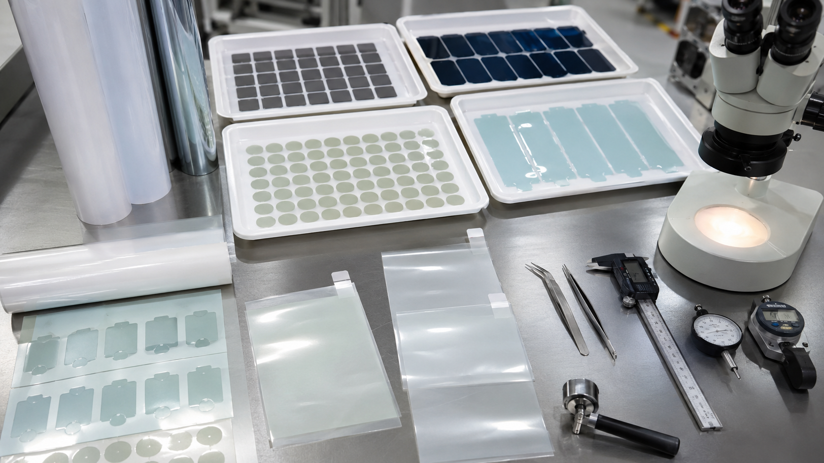 Clean factory inspection scene showing adhesive-backed PET insulation films, kiss-cut PET film parts on release liner, protective films with pull tabs, metal test plates, connector housing samples, electronic module housings, peel testing tools, tweezers, digital calipers, thickness gauges, and organized clean trays