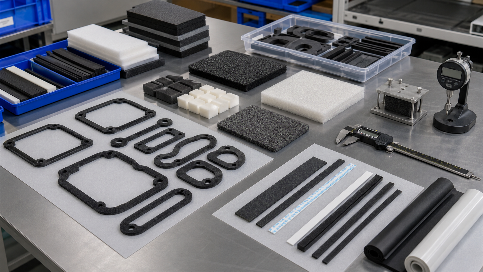 Realistic EV battery pack foam gasket selection workbench showing die cut foam gaskets, adhesive-backed foam strips, EVA foam pads, PE foam cushioning parts, PU foam samples, EPDM foam seals, battery module housing samples, metal cover samples, connector housing samples, release liners, clean trays, digital calipers, thickness gauges, and compression testing blocks