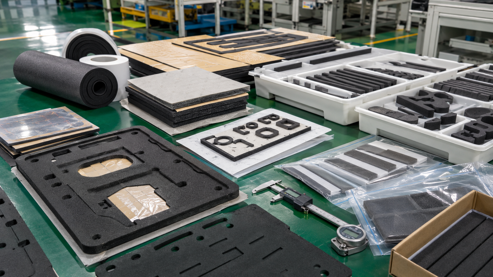 Professional EV battery pack foam gasket die cutting and packaging scene showing adhesive-backed foam gaskets, EVA foam pads, PE foam strips, PU foam cushioning parts, EPDM foam seals, kiss-cut parts on release liners, sheets, rolls, kits, clean trays, packaging bags, calipers, thickness gauges, and inspection tools