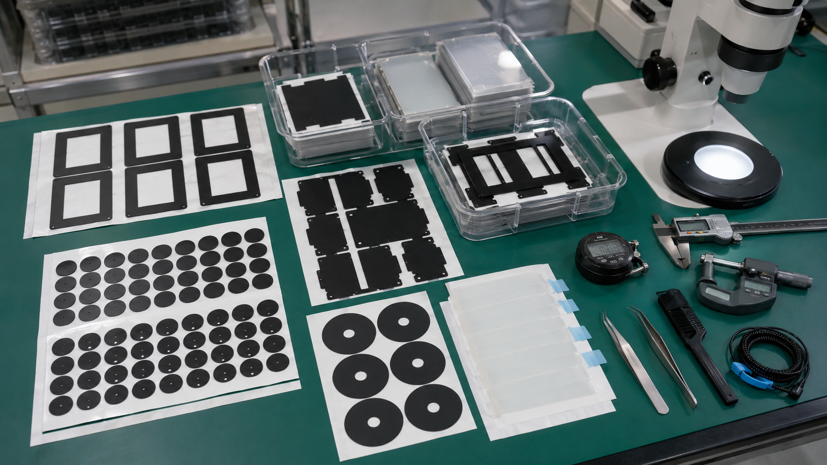 Realistic black PET light-blocking film workbench showing die cut black PET film frames, adhesive-backed black PET parts, display module samples, sensor housing parts, control panel covers, PET insulation films, protective films with pull tabs, release liners, clean trays, tweezers, digital calipers, thickness gauges, and optical inspection tools in a clean factory environment