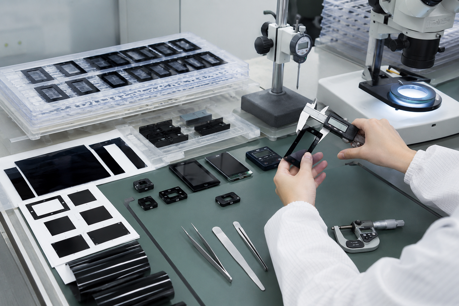 Clean factory inspection scene showing adhesive-backed black PET light-blocking films, die cut black PET frames, PET protective films, display module samples, sensor housings, control panel parts, release liners, peel testing tools, tweezers, digital calipers, thickness gauges, and optical inspection equipment