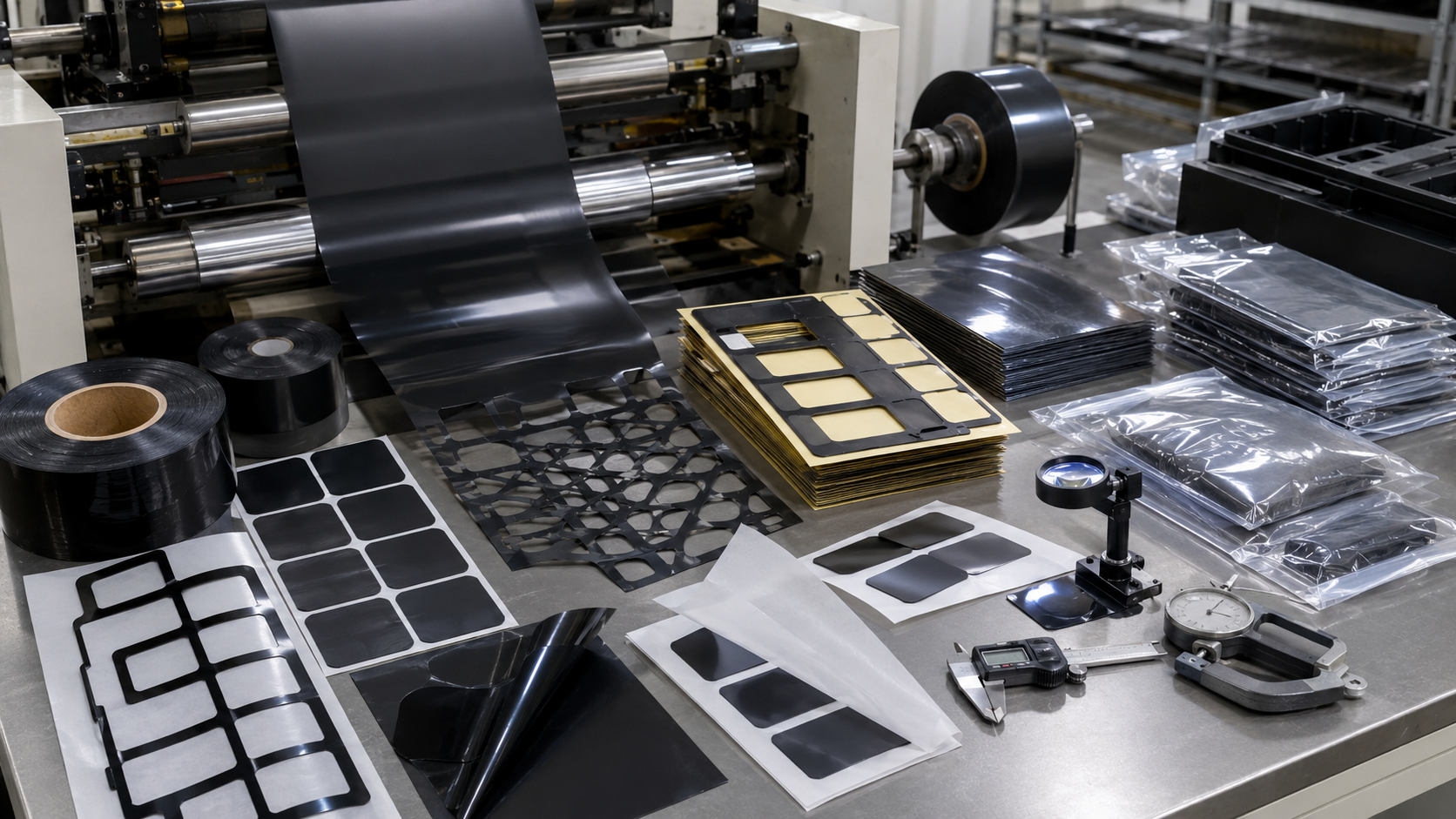 Professional black PET film die cutting and packaging scene showing roll-to-roll black PET film converting, adhesive-backed black PET frames, protective films with pull tabs, PET insulation films, kiss-cut parts on release liners, waste matrix removal, optical inspection tools, clean trays, packaging bags, calipers, and thickness gauges