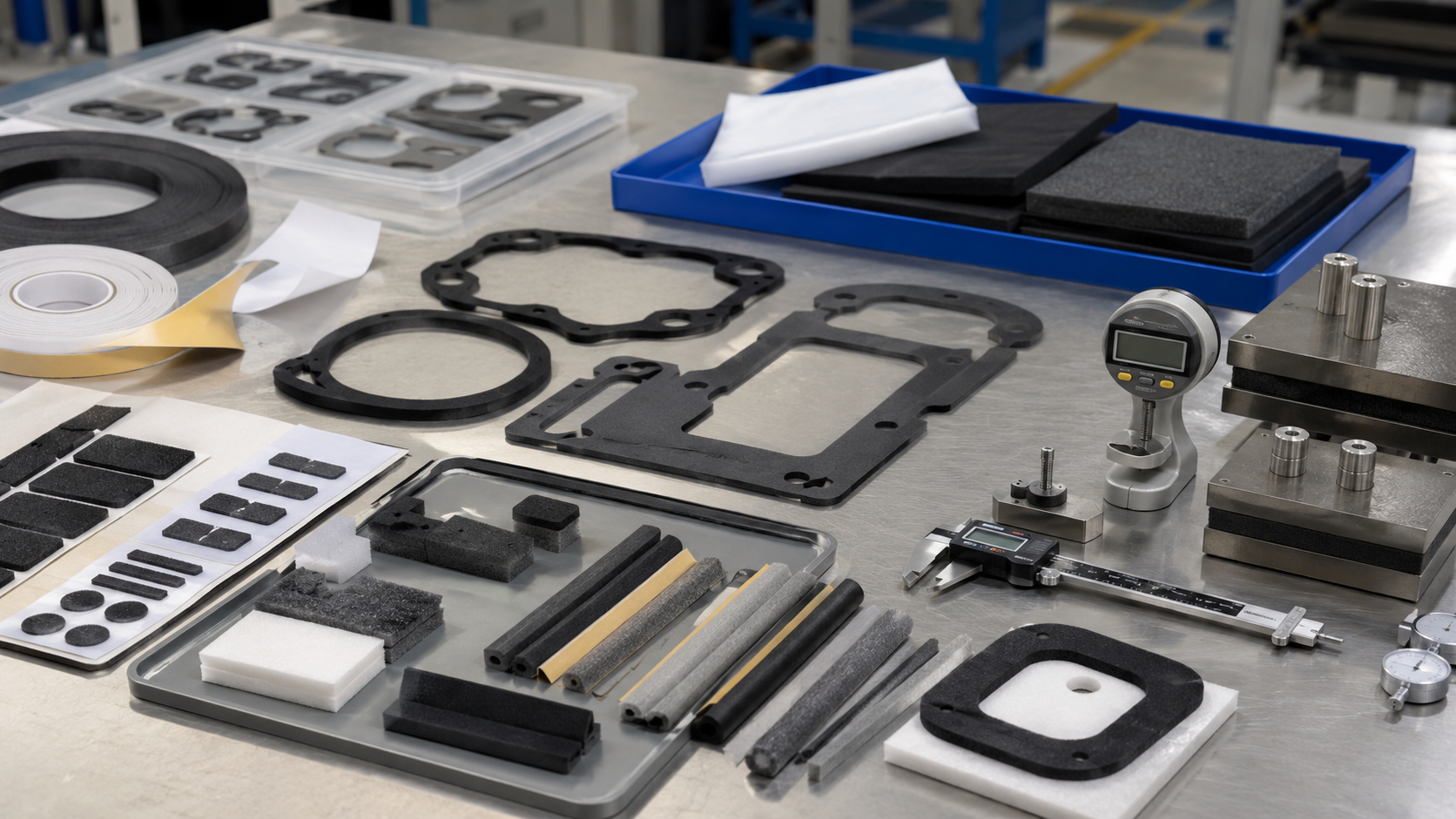 Realistic automotive die cut gasket selection workbench showing foam gaskets, rubber seals, adhesive-backed foam strips, EPDM foam parts, PE foam pads, EVA foam cushioning parts, automotive electronic housings, lighting module samples, HVAC duct sections, connector covers, clean trays, calipers, thickness gauges, and compression testing blocks