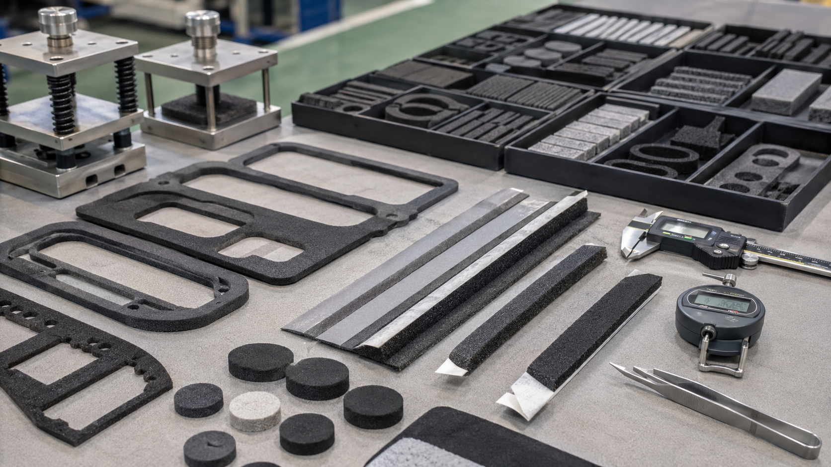Clean automotive gasket compression inspection scene showing die cut foam gasket frames, rubber sealing pads, adhesive-backed foam strips, automotive sensor housings, plastic covers, metal panels, compression testing blocks, peel testing tools, calipers, thickness gauges, and organized inspection trays