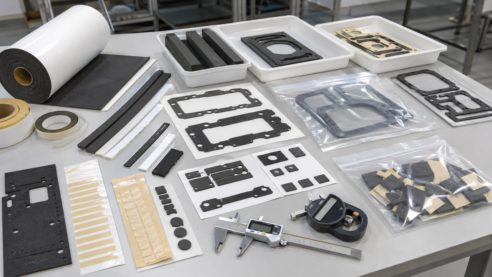 Professional automotive gasket die cutting and packaging scene showing foam gasket frames, rubber sealing pads, adhesive-backed foam strips, kiss-cut gaskets on release liners, sheets, rolls, kits, clean trays, packaging bags, calipers, thickness gauges, and organized OEM production batches