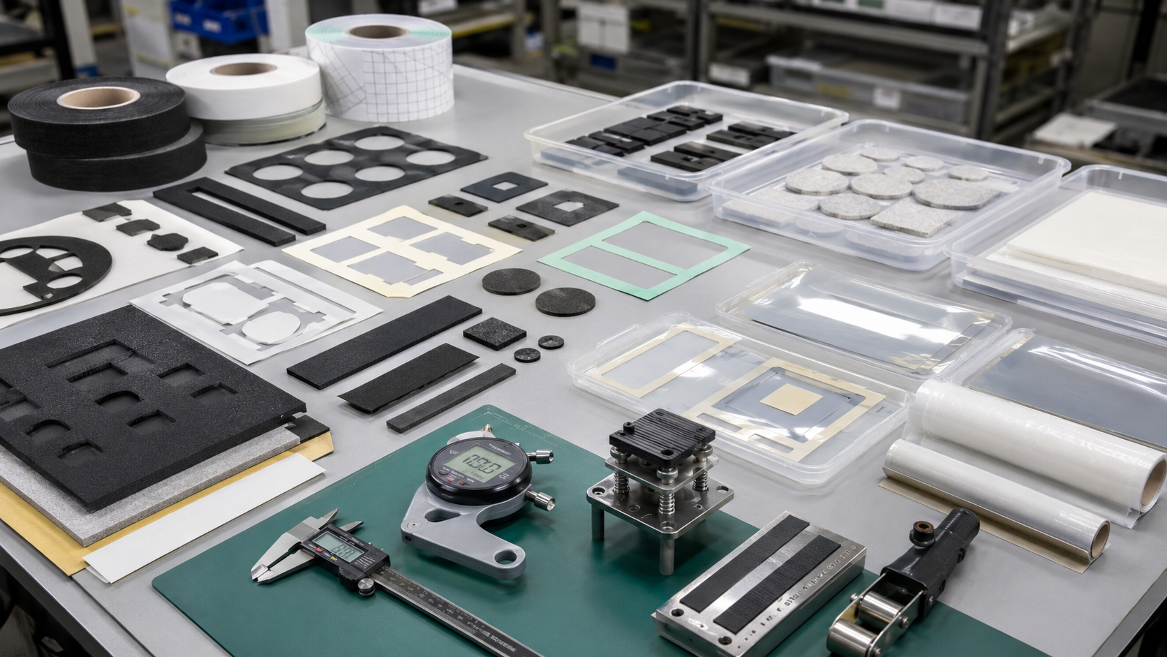 Realistic home appliance die cut parts workbench showing foam gaskets, adhesive-backed foam strips, rubber damping pads, non-woven felt pads, PET insulation films, protective films, double-sided tape frames, refrigerator panel samples, air conditioner duct sections, washing machine housing parts, clean trays, calipers, thickness gauges, and compression testing blocks in a professional factory environment
