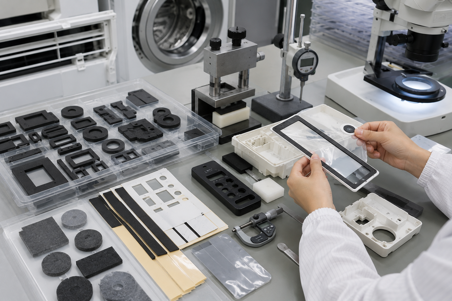 Clean appliance component inspection scene showing die cut foam duct seals, refrigerator foam gaskets, washing machine rubber damping pads, adhesive-backed foam strips, PET insulation films, protective films with pull tabs, control panel samples, peel testing tools, compression blocks, calipers, thickness gauges, and organized clean trays