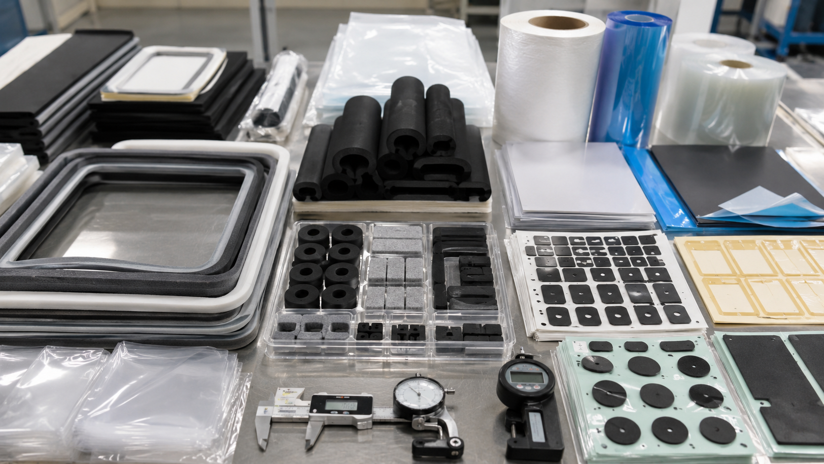 Professional appliance die cut parts packaging scene showing refrigerator foam gaskets, air conditioner foam duct seals, washing machine rubber damping pads, PET insulation films, protective films, adhesive tape frames, felt pads, kiss-cut parts on release liners, sheets, rolls, kits, clean trays, packaging bags, and inspection tools
