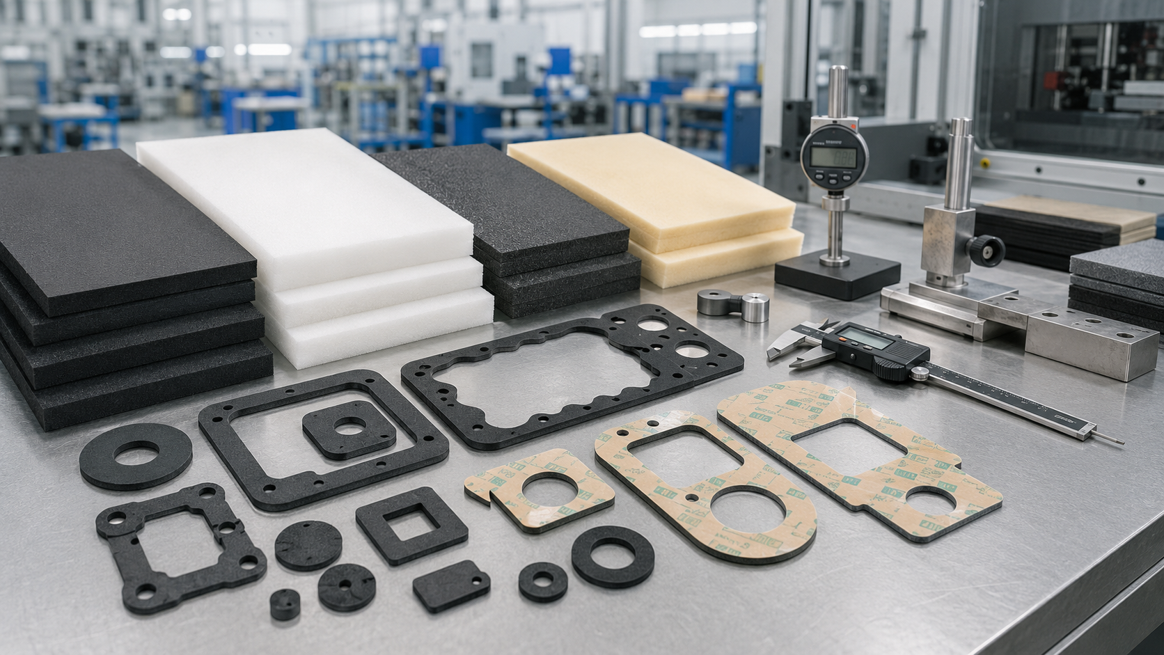 Various die cut foam gasket materials including EVA, PE, EPDM, PU, and silicone foam on an OEM engineering workbench