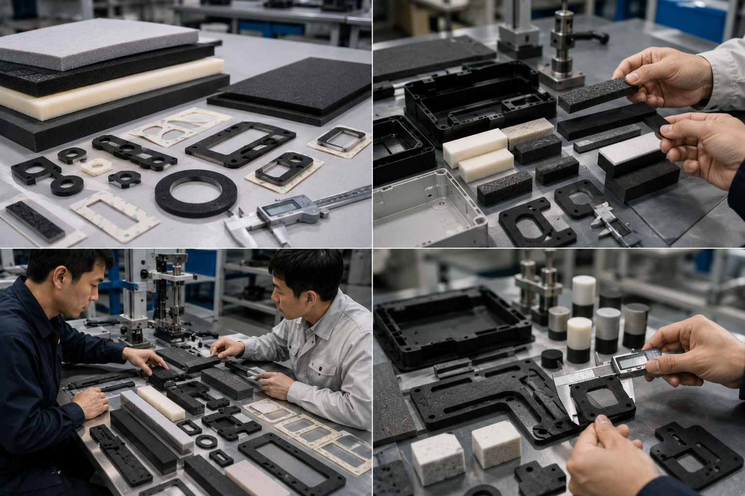 OEM engineers comparing EVA, PE, EPDM, PU, and silicone foam gasket materials during product development