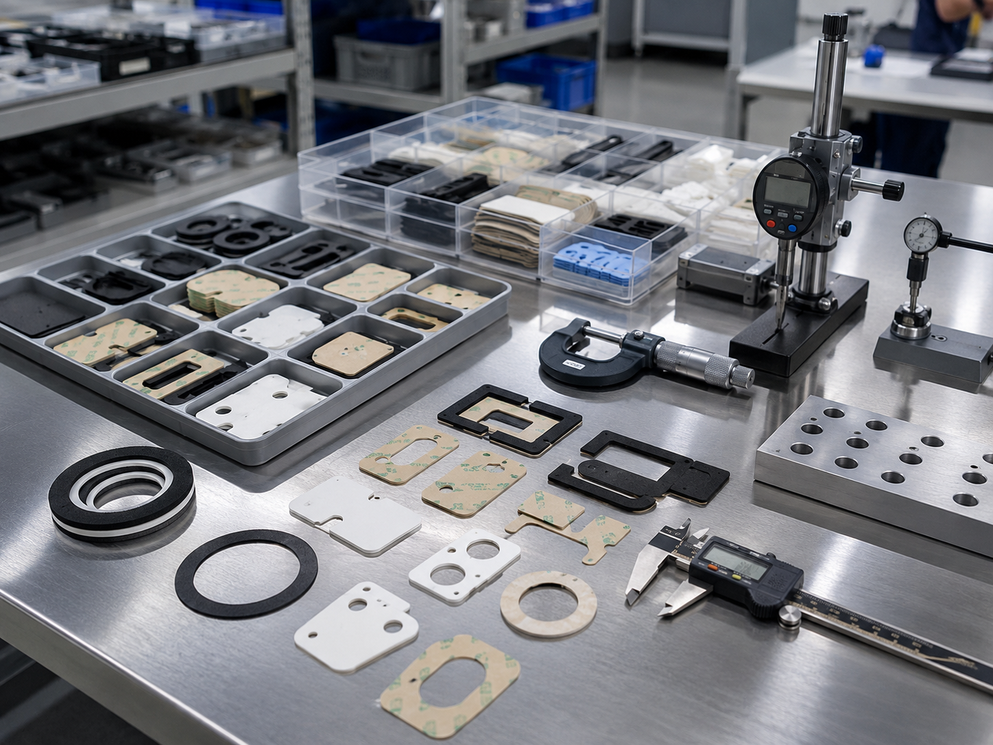 Engineers reviewing custom die-cut prototypes, CAD drawings, foam gaskets, adhesive tape parts, and inspection tools on an OEM workbench