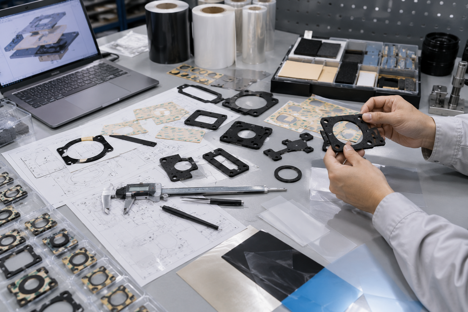Quality inspection of custom die-cut prototypes with digital calipers, foam parts, adhesive components, and OEM sample packaging