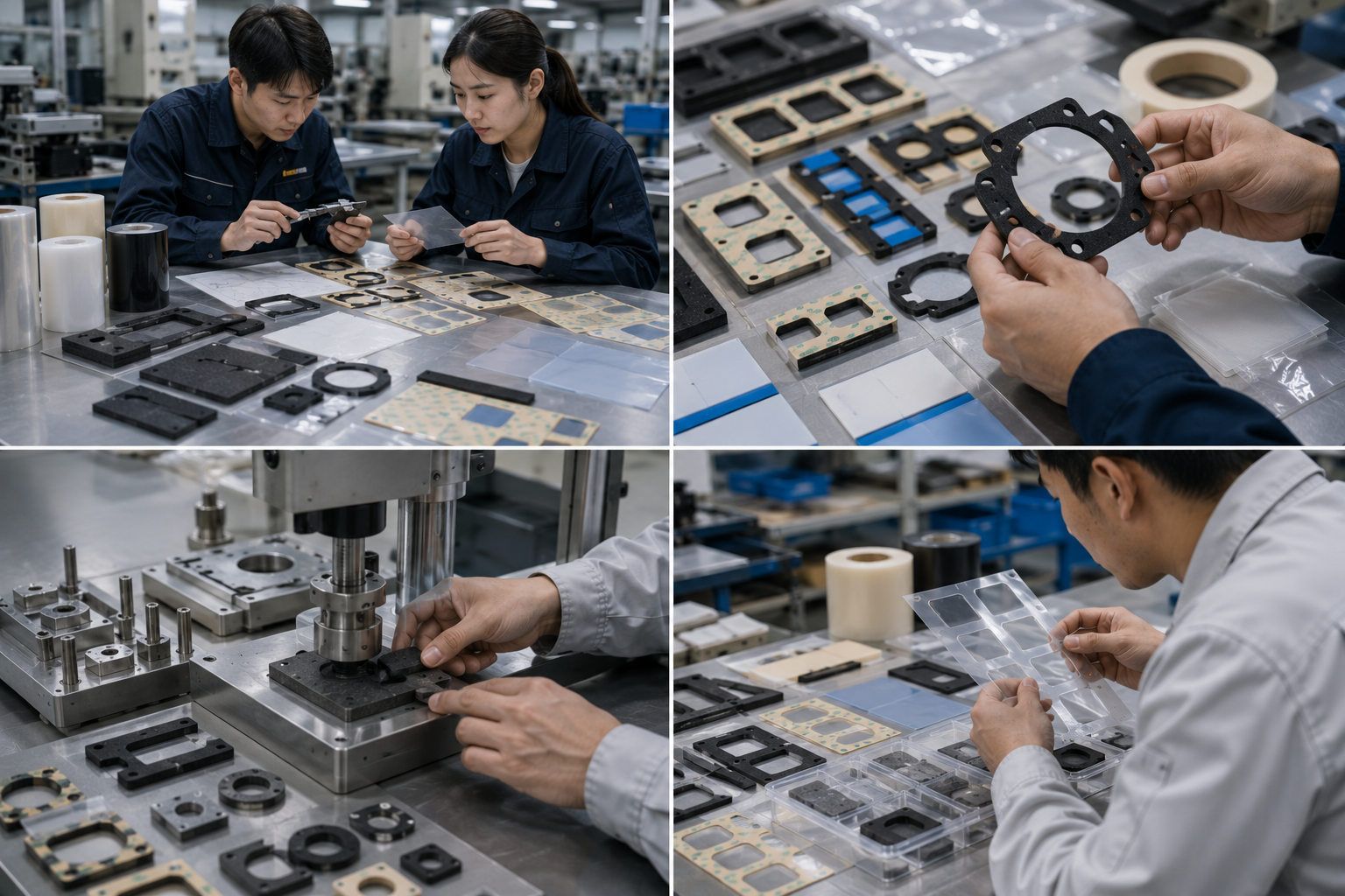 Prototype die-cut foam gaskets, adhesive tape parts, PET films, and engineering drawings during sample manufacturing