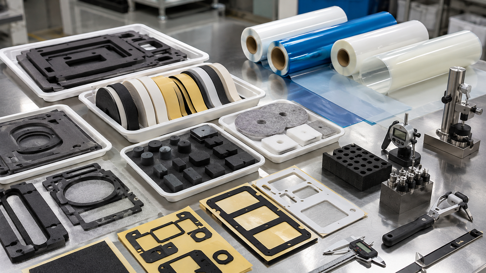Realistic appliance OEM die cut gasket and foam parts workbench showing foam gaskets, adhesive-backed foam strips, rubber damping pads, non-woven felt pads, PET insulation films, protective films, double-sided tape frames, refrigerator panel samples, air conditioner duct sections, washing machine housing parts, clean trays, digital calipers, thickness gauges, compression testing blocks, and peel testing tools in a professional factory environment