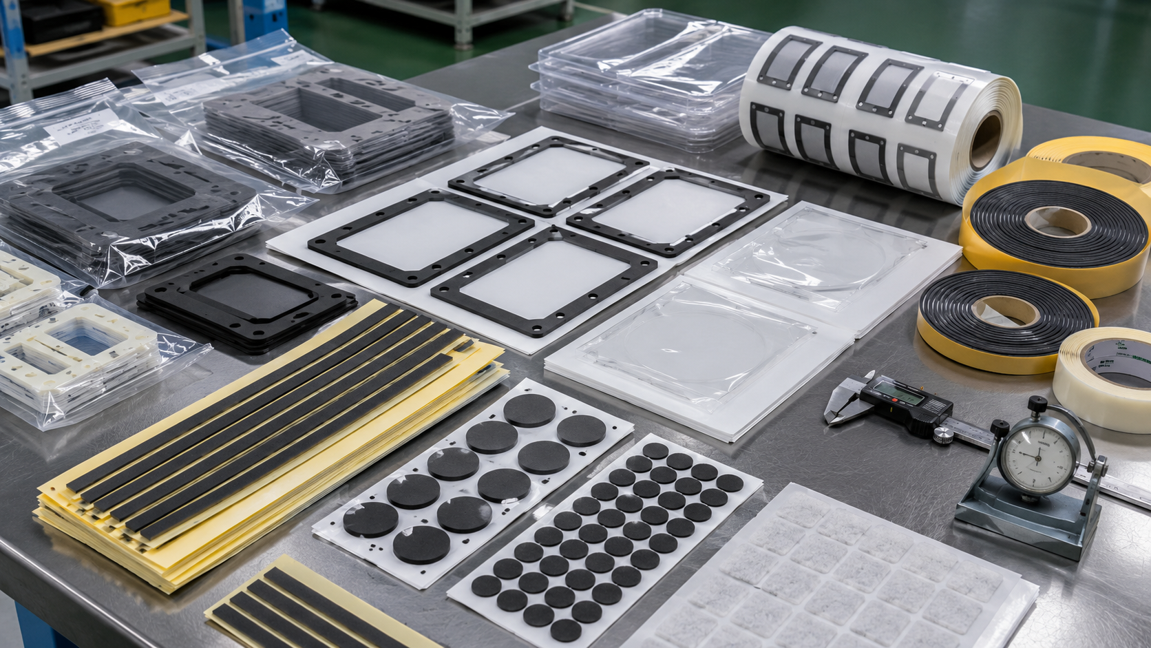 Professional OEM appliance die cut parts packaging scene showing foam gasket frames, adhesive-backed foam strips, rubber damping pads, PET insulation films, protective films, adhesive tape frames, non-woven felt pads, kiss-cut parts on release liners, sheets, rolls, kits, clean trays, packaging bags, digital calipers, thickness gauges, and inspection tools