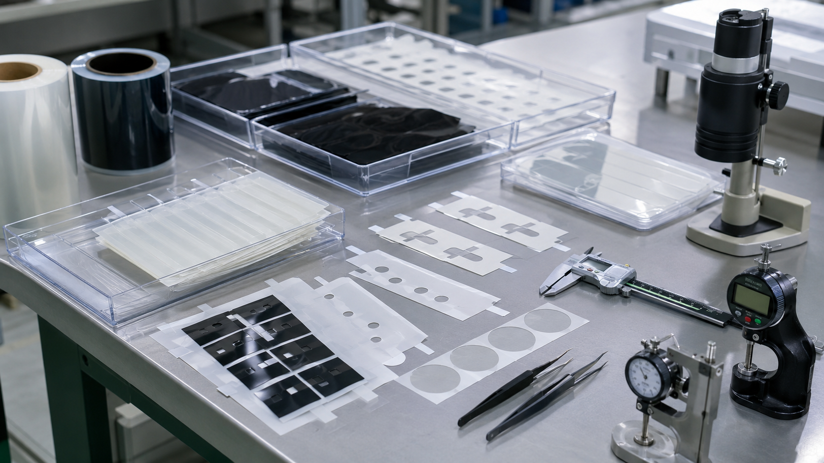 Realistic OEM surface protection film workbench showing die cut PET protective films, adhesive-backed protective films, pull-tab films, black PET films, display panel samples, electronic housings, appliance control panels, automotive trim samples, metal covers, release liners, clean trays, tweezers, calipers, thickness gauges, and optical inspection tools