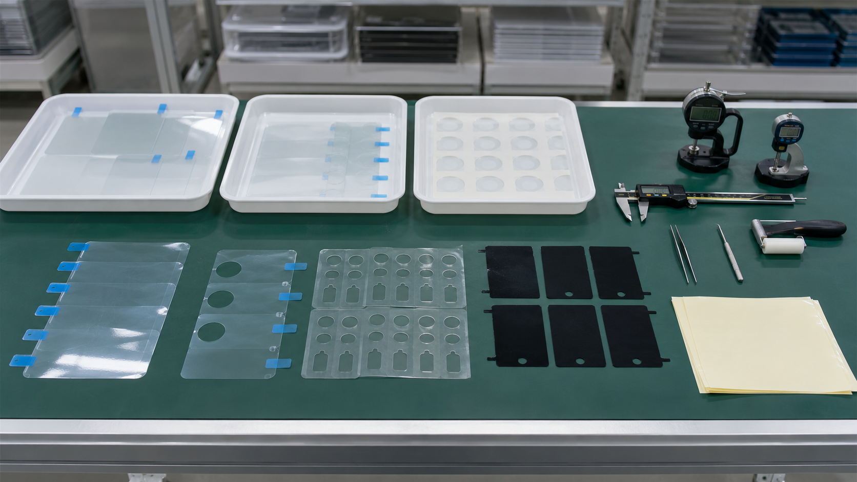 Clean factory inspection scene showing die cut surface protection films with pull tabs, PET protective films, adhesive-backed films, black PET films, display window samples, plastic covers, metal panels, appliance control panels, release liners, peel testing tools, tweezers, calipers, thickness gauges, and clean trays
