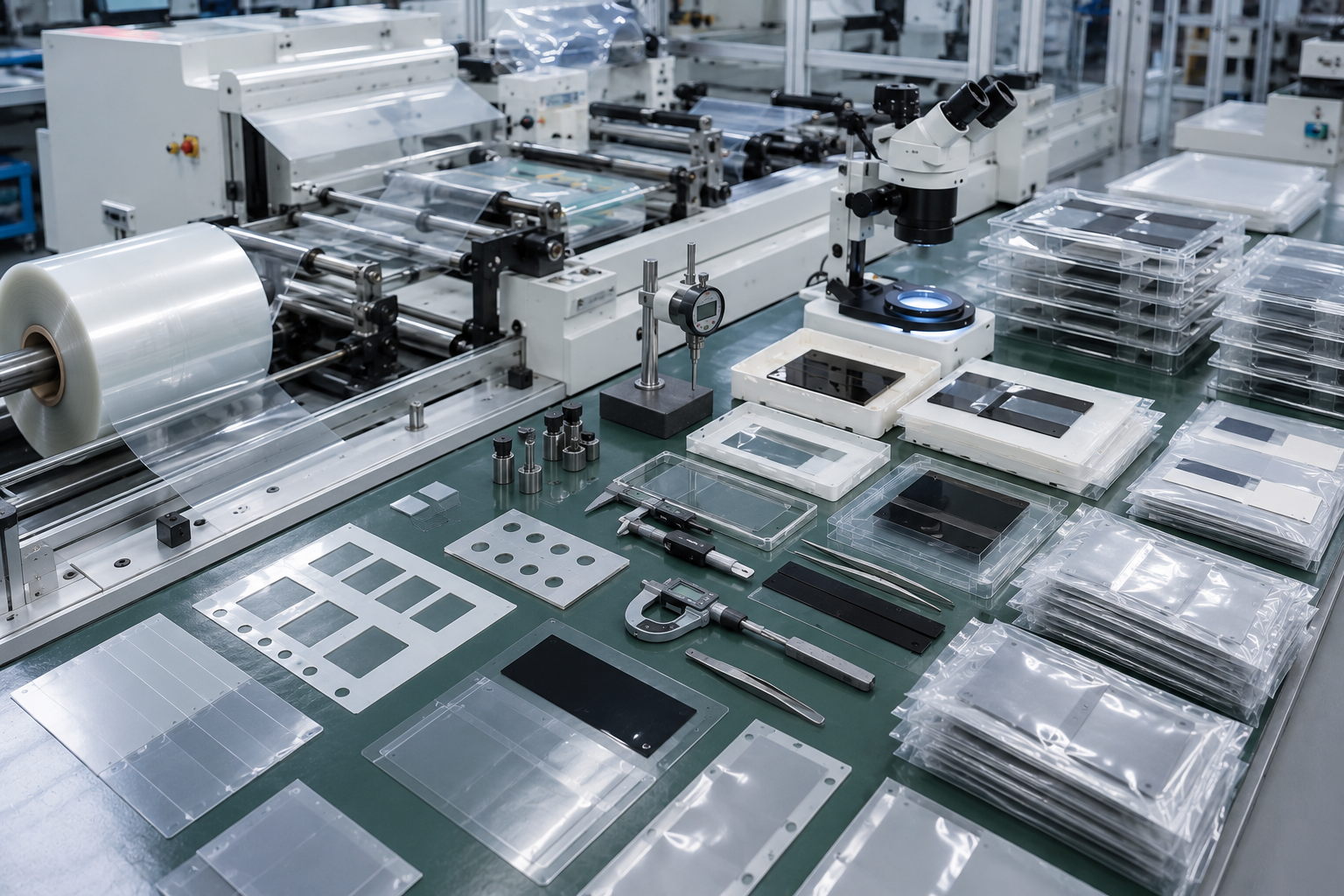 Professional die cut surface protection film production and packaging scene showing roll-to-roll PET protective film converting, pull-tab films, adhesive-backed protective films, black PET films, kiss-cut parts on release liners, waste matrix removal, optical inspection tools, clean trays, packaging bags, calipers, thickness gauges, and organized OEM production batches