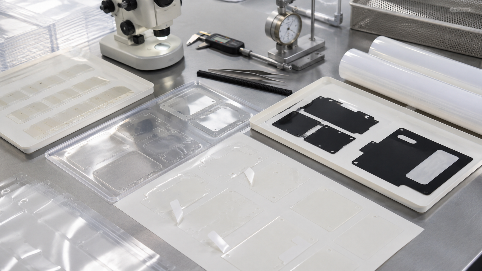 Realistic thin film die cutting workbench showing die cut PET insulation films, adhesive-backed PET films, protective films with pull tabs, black PET light-blocking films, release liners, electronic housing samples, display panel samples, sensor housing parts, clean trays, tweezers, digital calipers, thickness gauges, and optical inspection tools in a clean factory environment