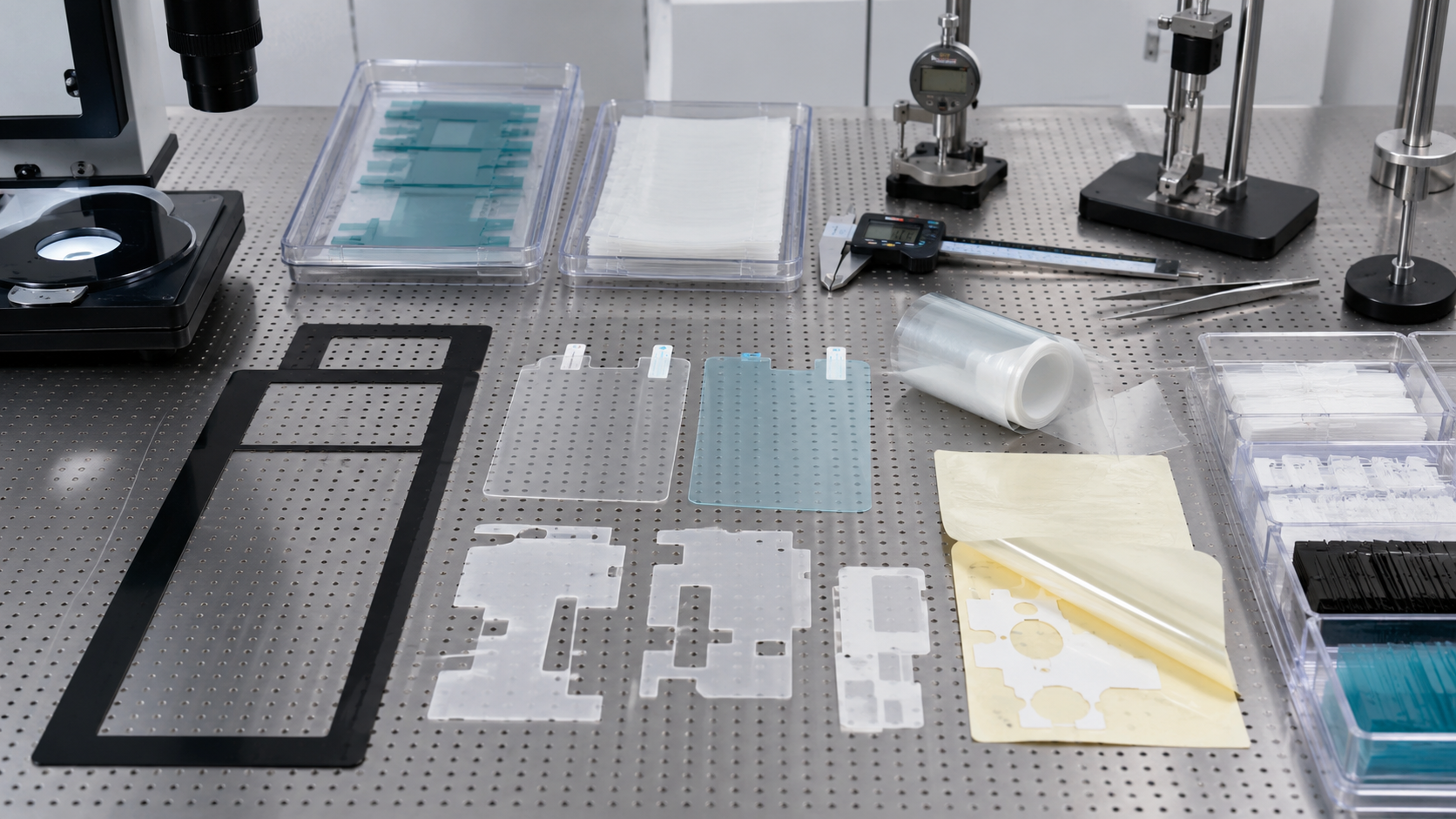 Clean thin film inspection scene showing die cut PET insulation films, protective films with pull tabs, adhesive-backed films, black PET frames, display panel samples, electronic housings, sensor covers, release liners, peel testing tools, tweezers, digital calipers, thickness gauges, and organized clean trays